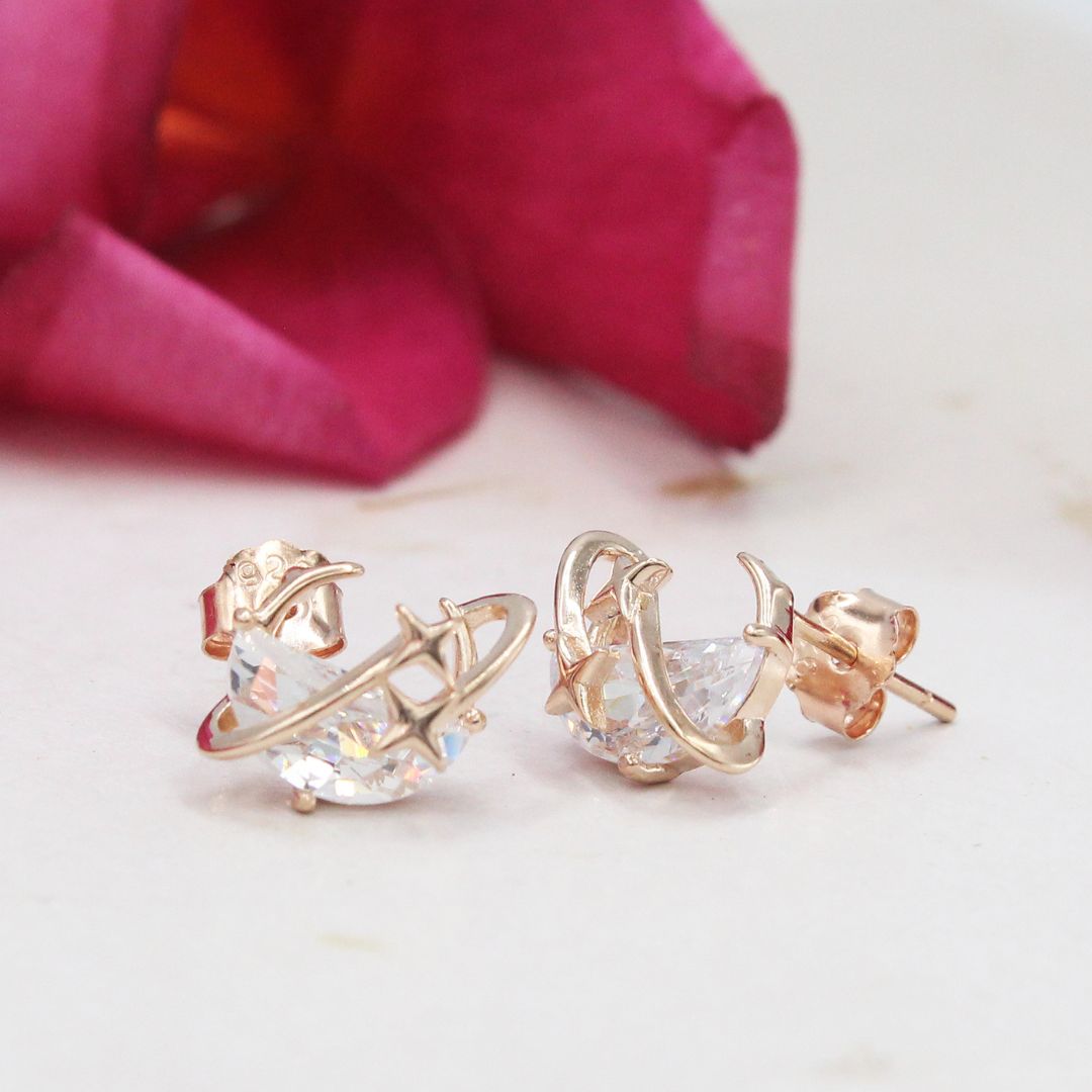 Moon and Star Stud 925 Sterling Silver Earrings Dainty Celestial Crystal Jewelry
