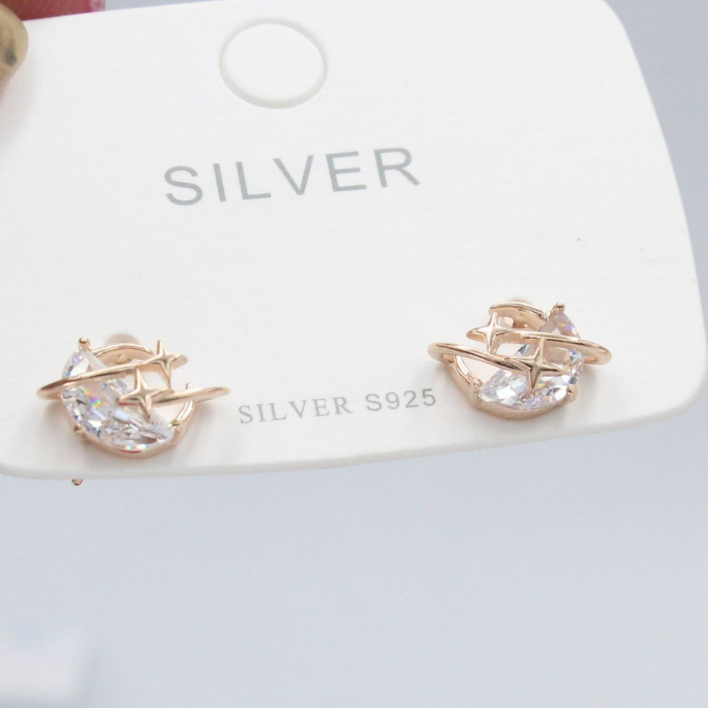 Moon and Star Stud 925 Sterling Silver Earrings Dainty Celestial Crystal Jewelry