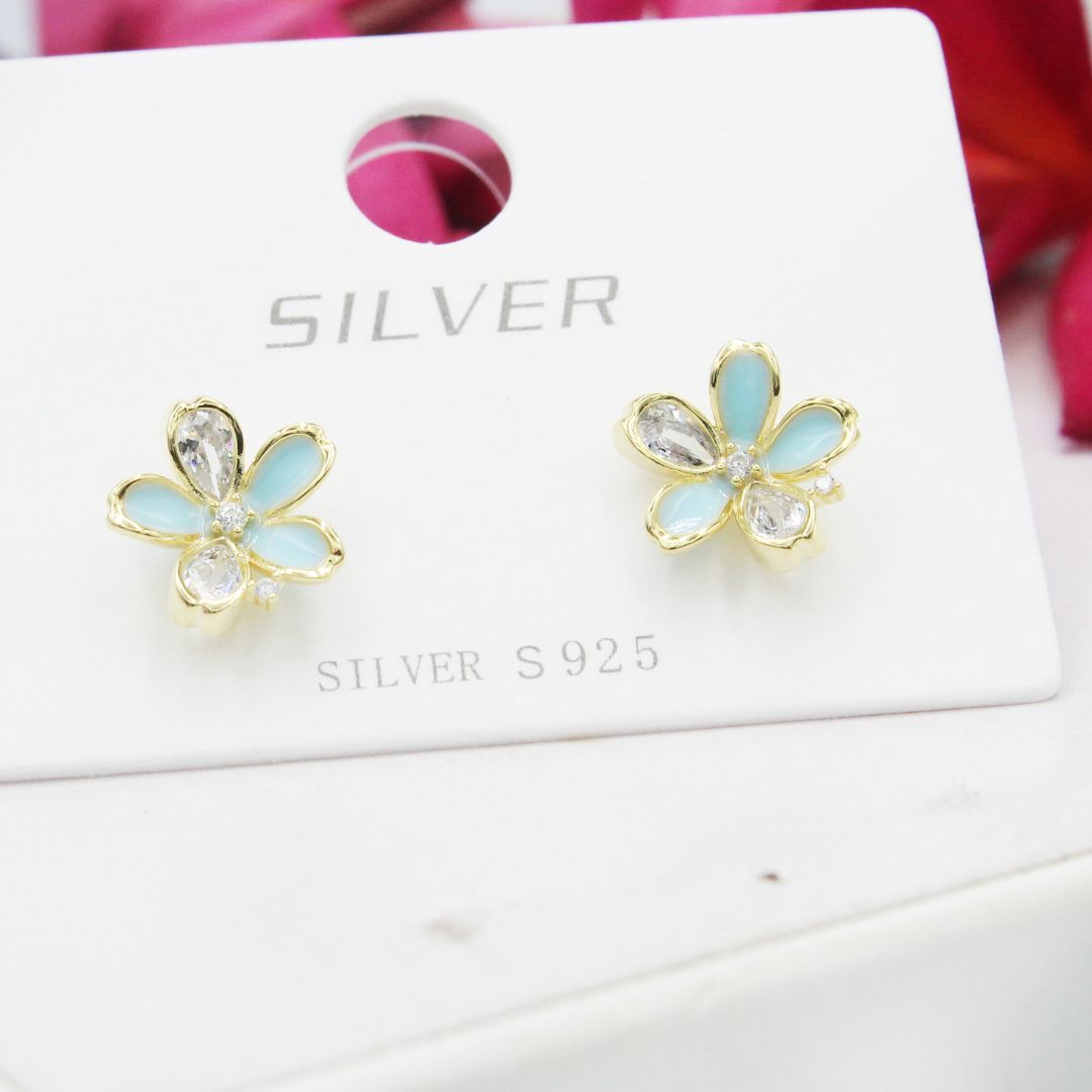 Blue Chalcedony Flower Earrings 925 Sterling SilverGold Plated  Crystal Studs