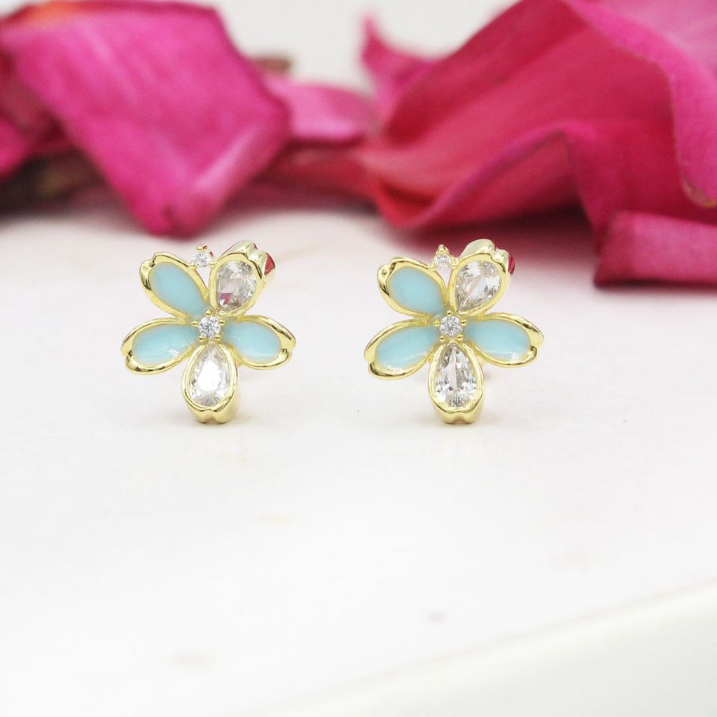 Blue Chalcedony Flower Earrings 925 Sterling SilverGold Plated  Crystal Studs