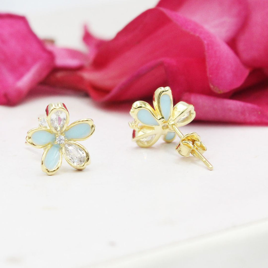 Blue Chalcedony Flower Earrings 925 Sterling SilverGold Plated  Crystal Studs