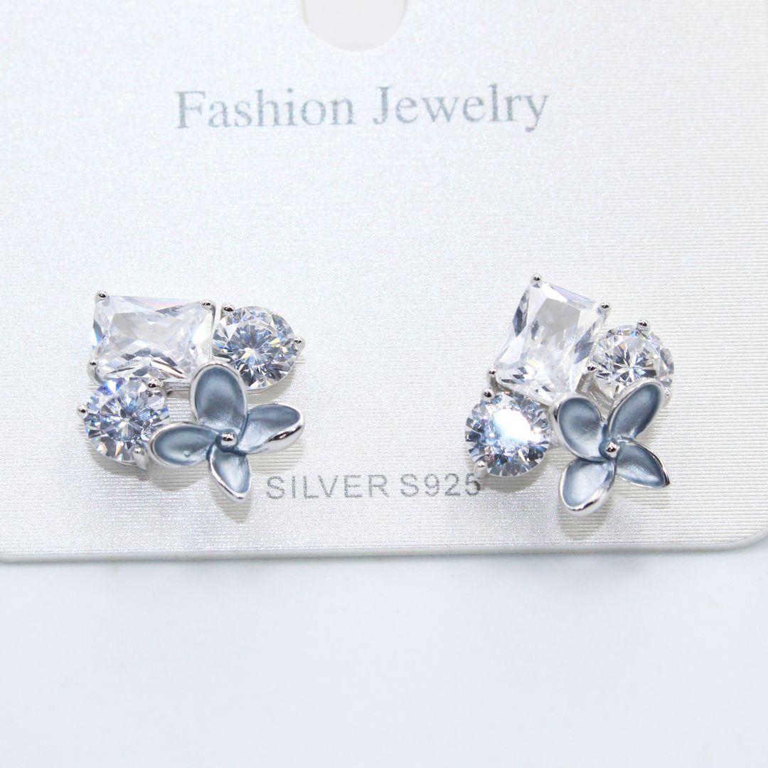 Flower Stud 925 Sterling Silver Earrings: Cubic Zirconia Floral Jewelry