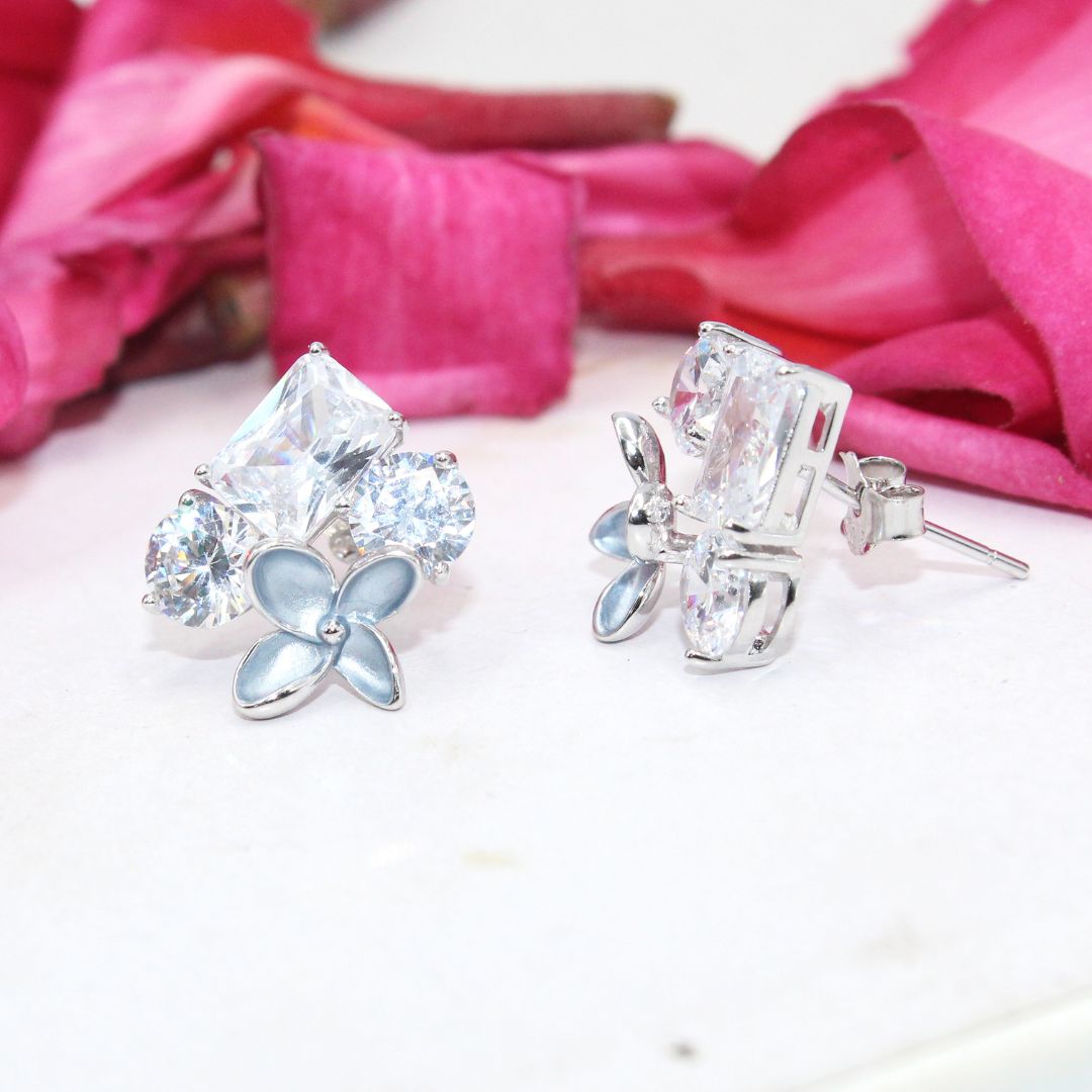 Flower Stud 925 Sterling Silver Earrings: Cubic Zirconia Floral Jewelry