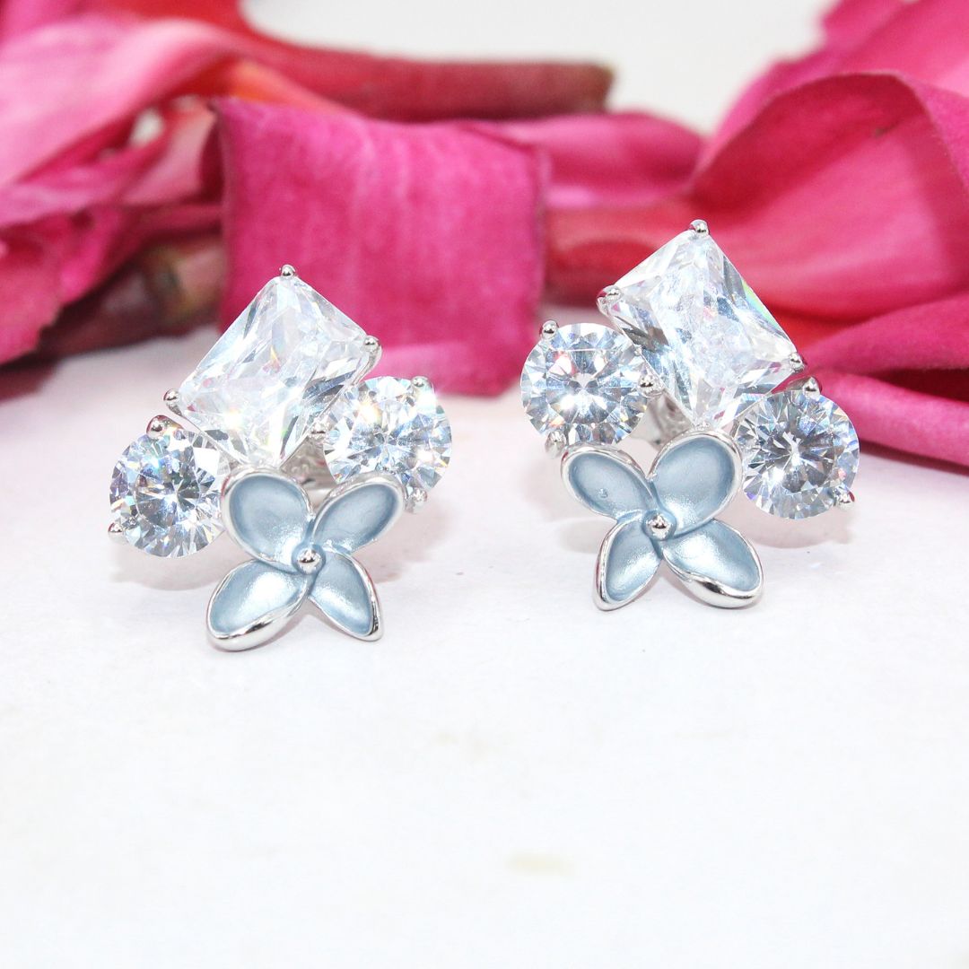 Flower Stud 925 Sterling Silver Earrings: Cubic Zirconia Floral Jewelry