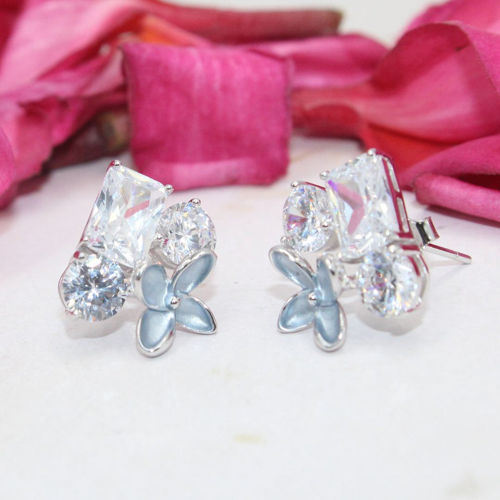 Flower Stud 925 Sterling Silver Earrings: Cubic Zirconia Floral Jewelry