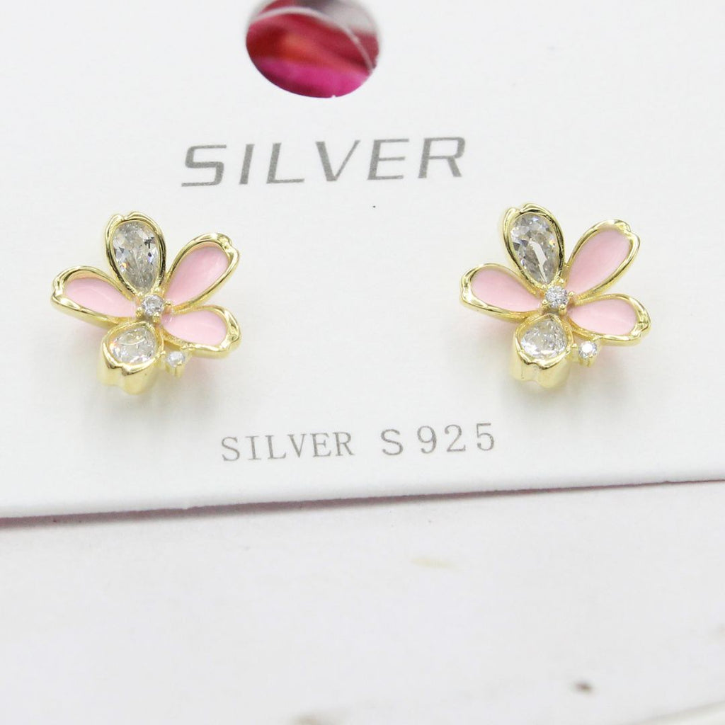 Flower Stud 925 Sterling Silver Gold Plated Earrings: Pink Chalcedony & Crystal