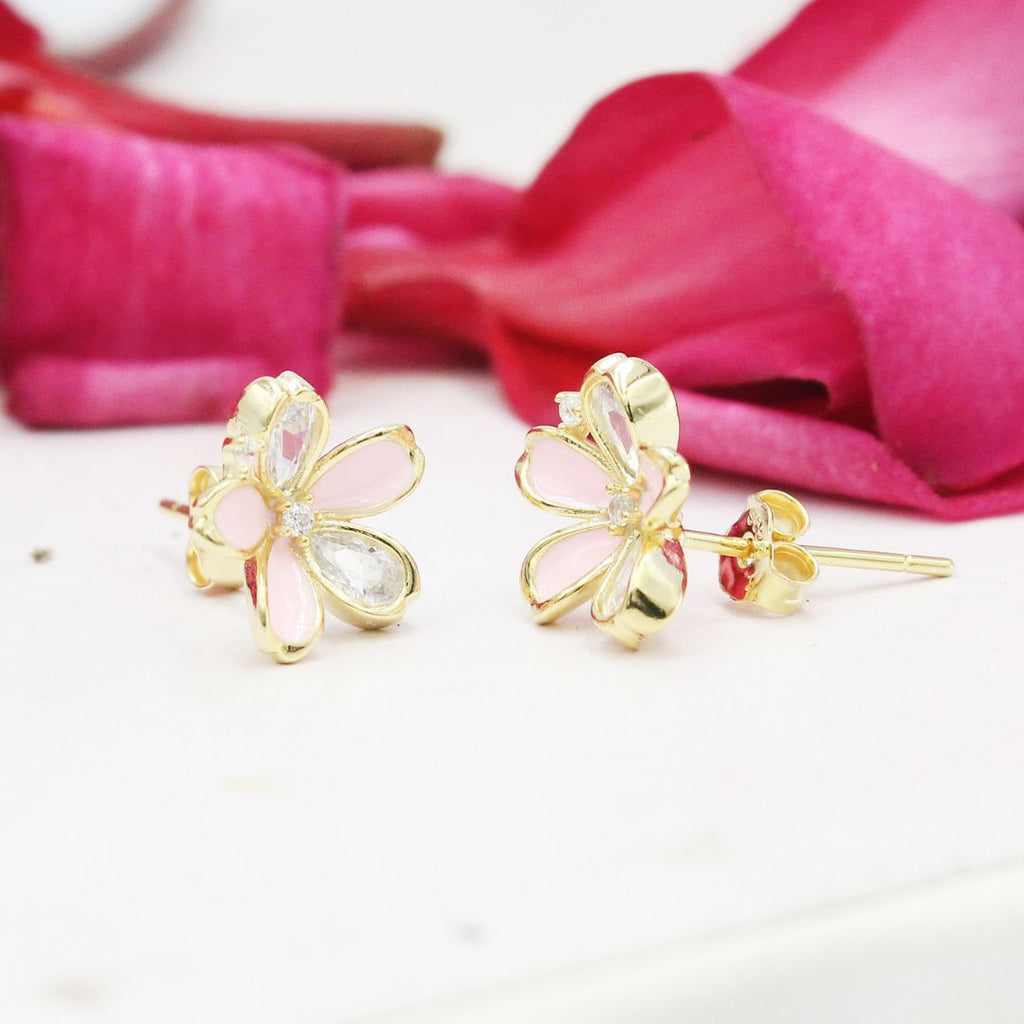Flower Stud 925 Sterling Silver Gold Plated Earrings: Pink Chalcedony & Crystal
