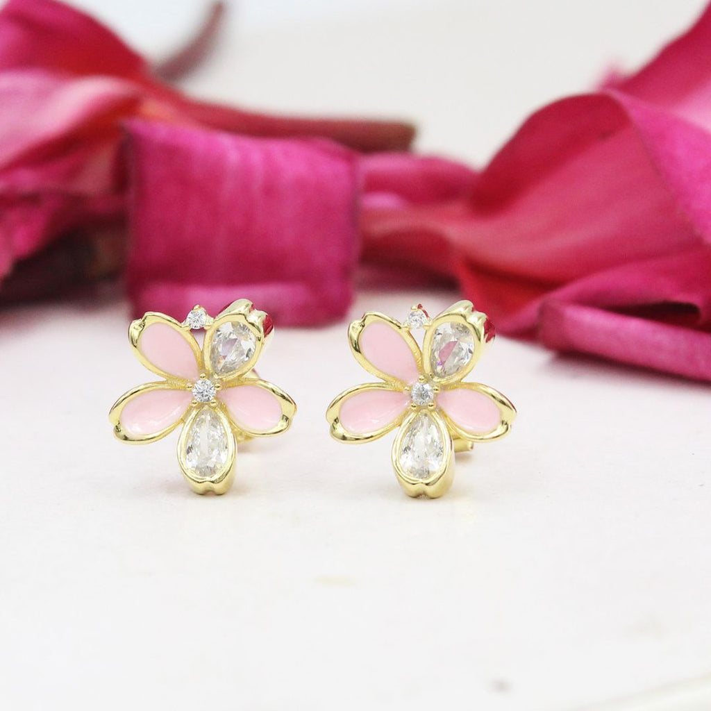 Flower Stud 925 Sterling Silver Gold Plated Earrings: Pink Chalcedony & Crystal