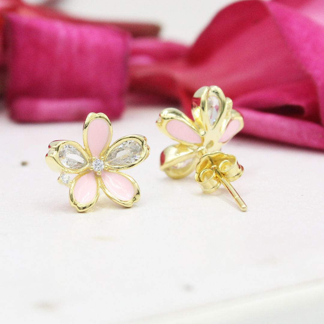 Flower Stud 925 Sterling Silver Gold Plated Earrings: Pink Chalcedony & Crystal