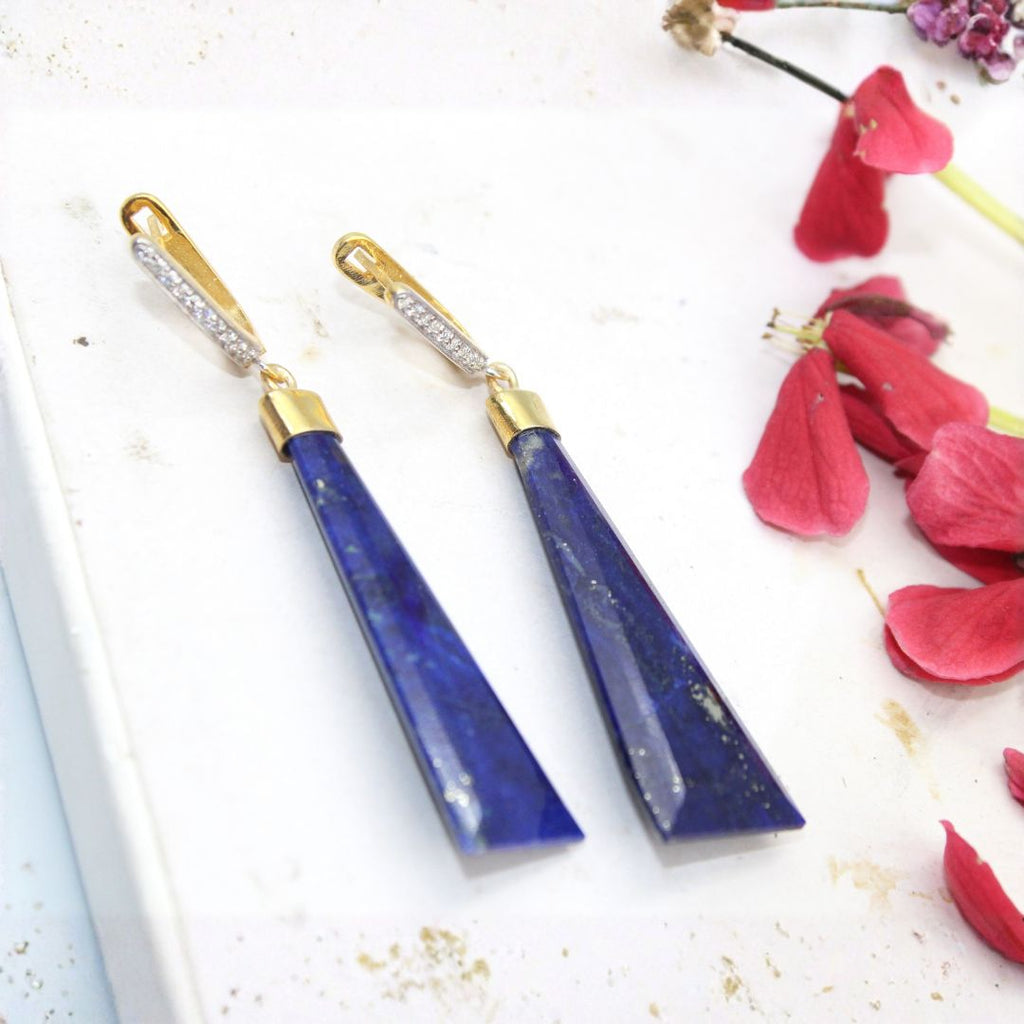 Natural Lapis Lazuli Fancy Shape Cut Polish Russian Lock & Hoop With Mossanite 925 Sterling silver Rhodium Polish