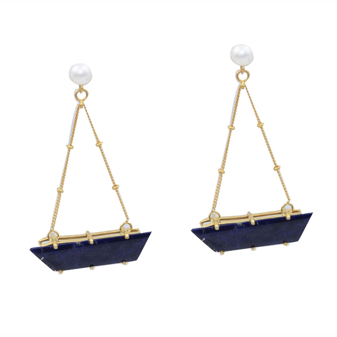 Natural Lapis Lazuli Boat Shaped with Pearl 925 Sterling Silver Rhodium Polished Prong setting Earring