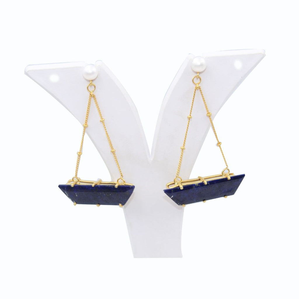 Natural Lapis Lazuli Boat Shaped with Pearl 925 Sterling Silver Rhodium Polished Prong setting Earring