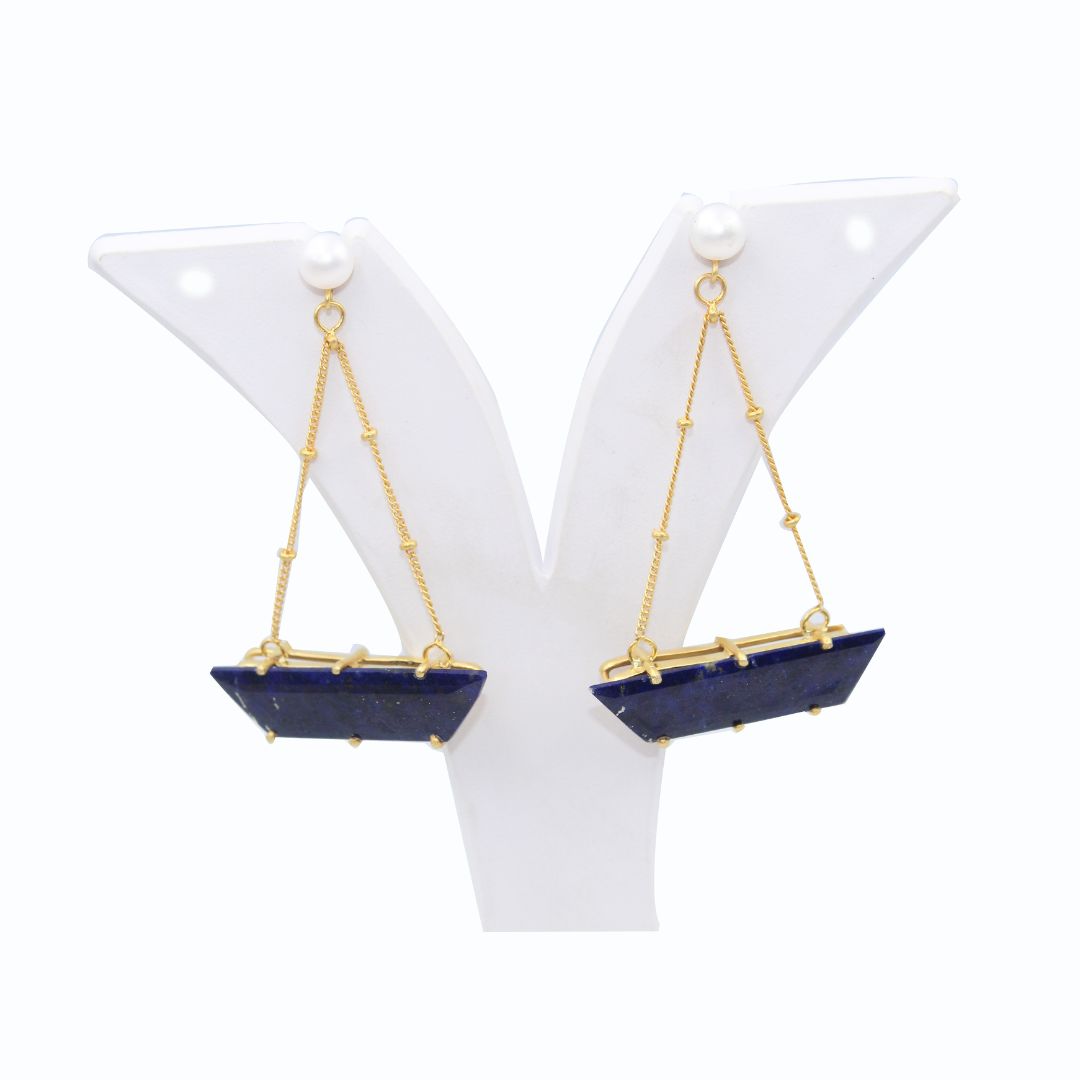Natural Lapis Lazuli Boat Shaped with Pearl 925 Sterling Silver Rhodium Polished Prong setting Earring