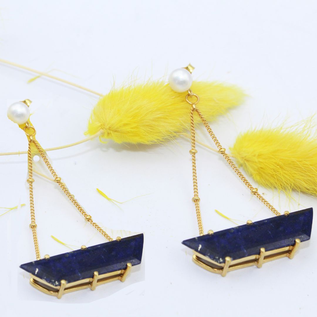 Natural Lapis Lazuli Boat Shaped with Pearl 925 Sterling Silver Rhodium Polished Prong setting Earring