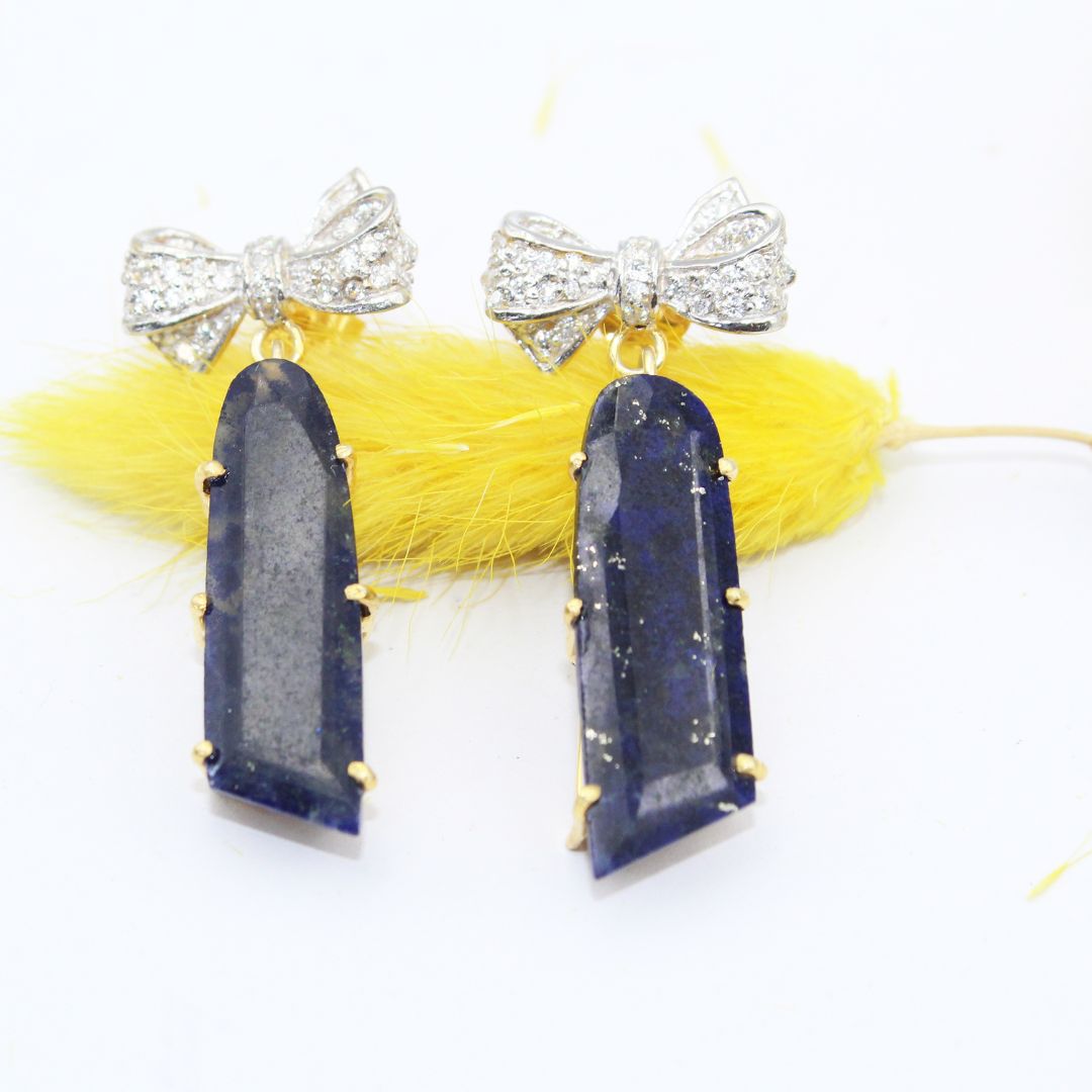 Natural Lapis Lazuli Fancy Shape Cut Polish Casted Bow with Mossanite 925 Sterling Silver Gold Rhodium Polished