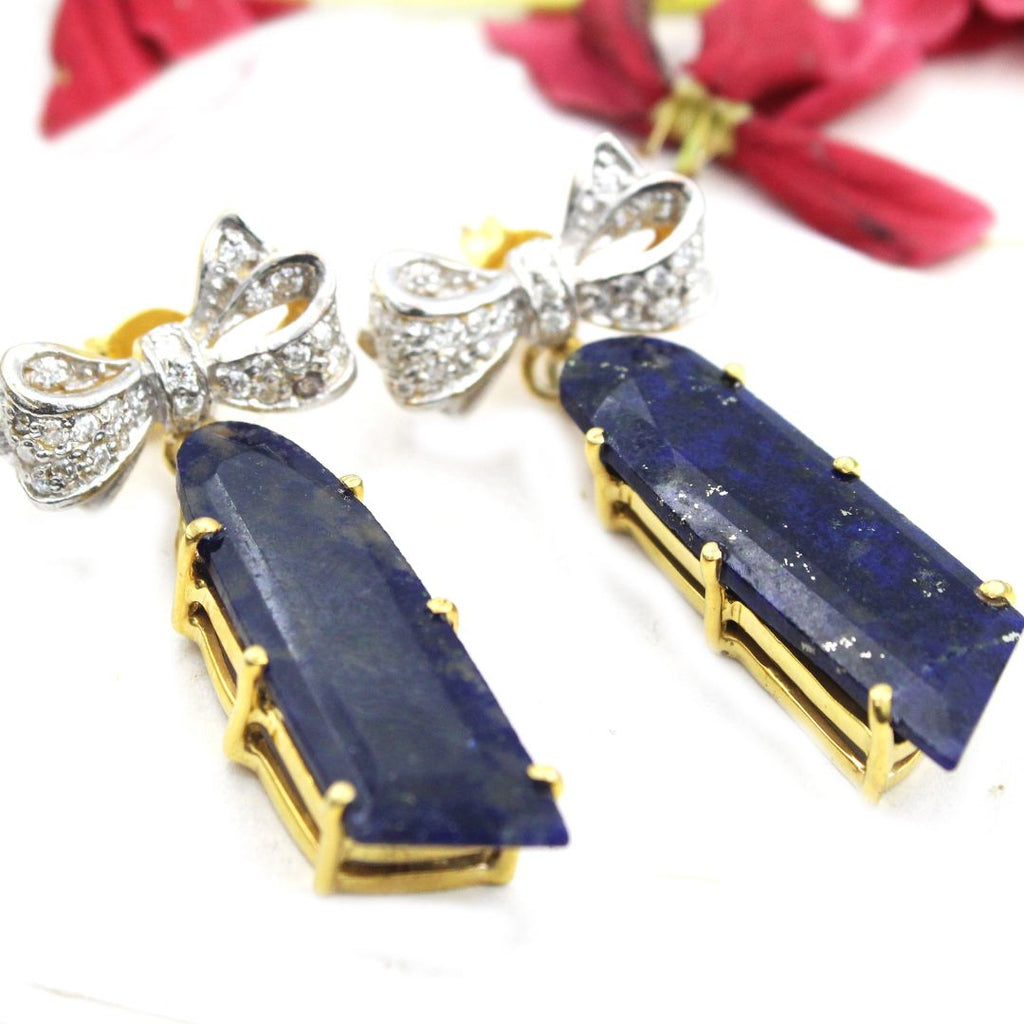 Natural Lapis Lazuli Fancy Shape Cut Polish Casted Bow with Mossanite 925 Sterling Silver Gold Rhodium Polished