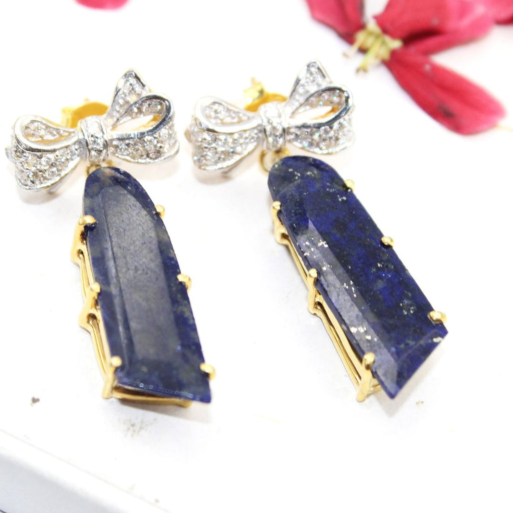 Natural Lapis Lazuli Fancy Shape Cut Polish Casted Bow with Mossanite 925 Sterling Silver Gold Rhodium Polished