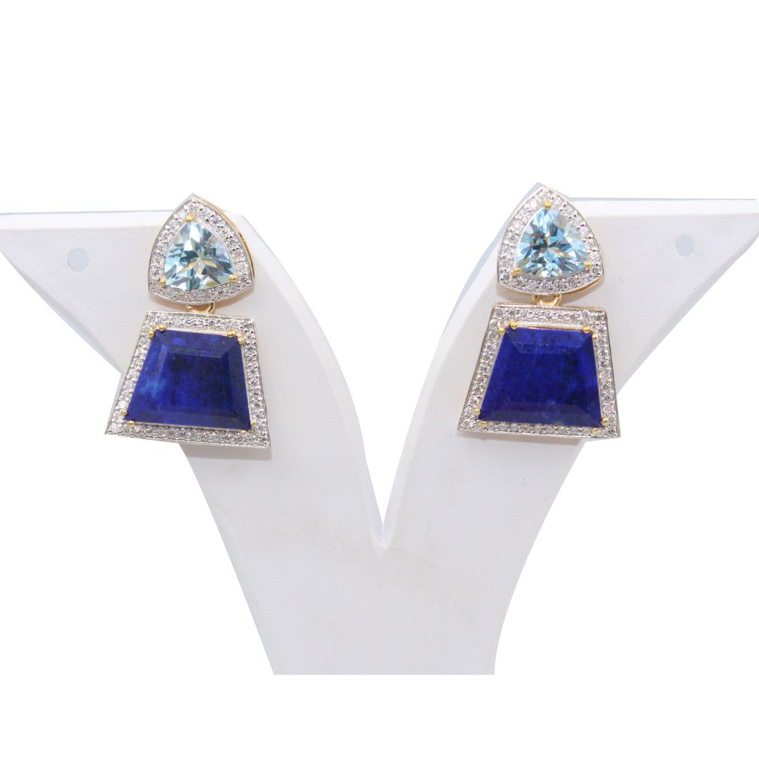 Natural Lapis Lazuli Trillion Shape Blue topaz with Mossanite 925 Sterling Silver Rhodium Polished