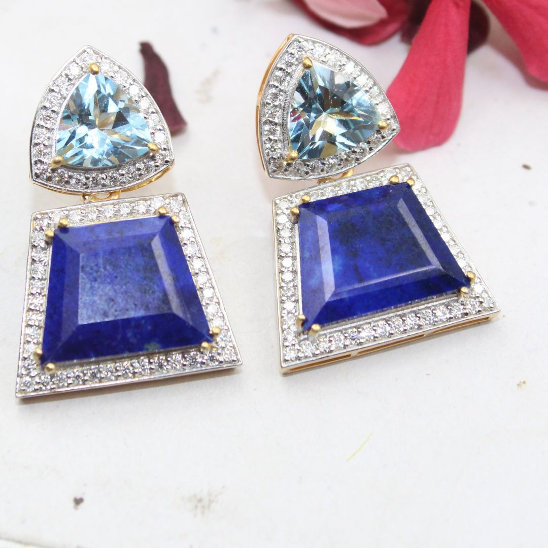 Natural Lapis Lazuli Trillion Shape Blue topaz with Mossanite 925 Sterling Silver Rhodium Polished