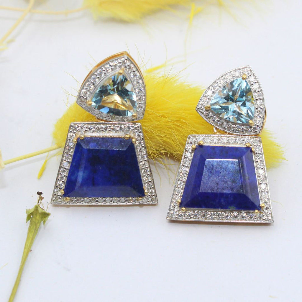 Natural Lapis Lazuli Trillion Shape Blue topaz with Mossanite 925 Sterling Silver Rhodium Polished