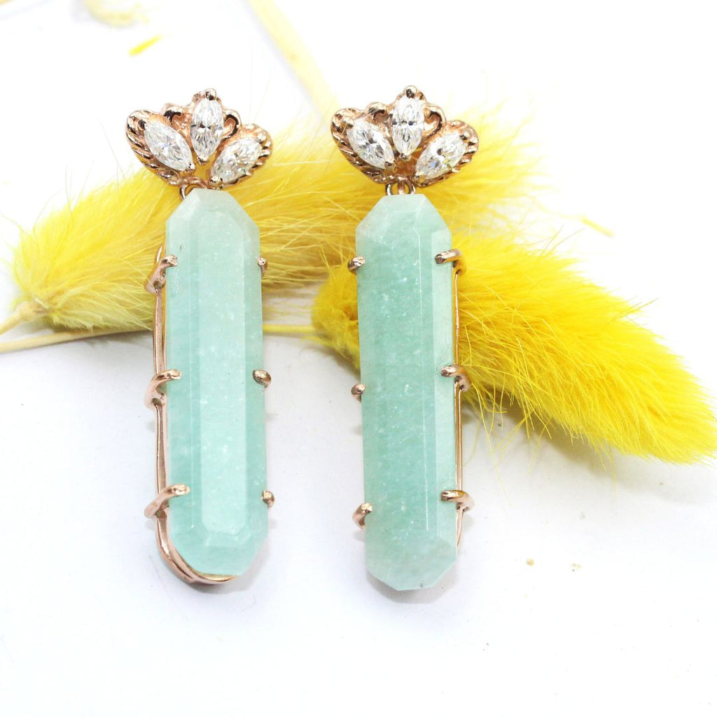 Natural Amazonite Casted Flower with big size Mossanite 925 sterling Silver Rose Gold polished