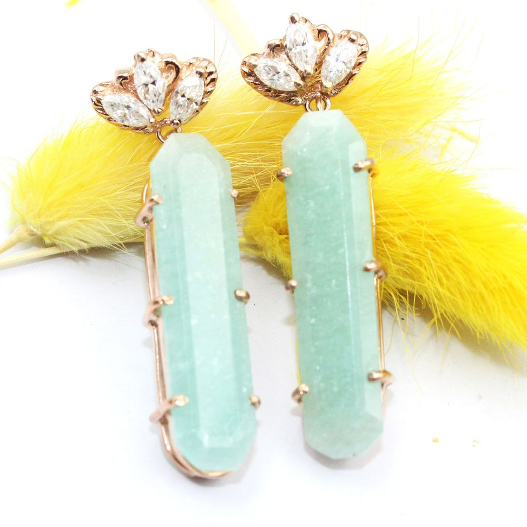 Natural Amazonite Casted Flower with big size Mossanite 925 sterling Silver Rose Gold polished