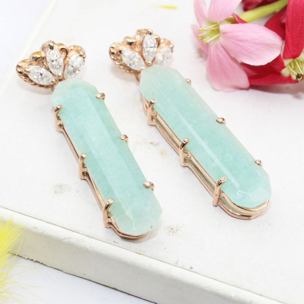 Natural Amazonite Casted Flower with big size Mossanite 925 sterling Silver Rose Gold polished