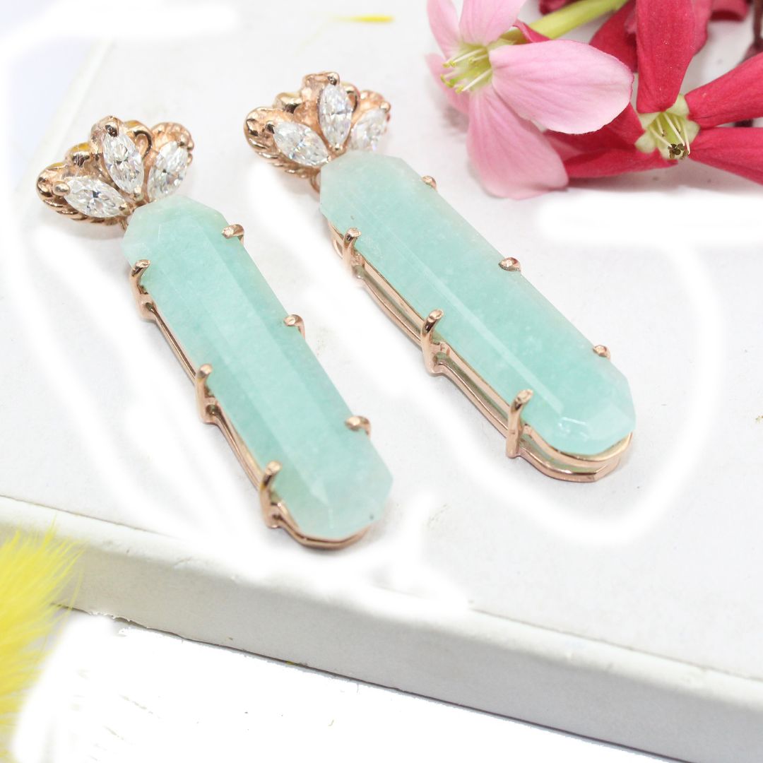 Natural Amazonite Casted Flower with big size Mossanite 925 sterling Silver Rose Gold polished