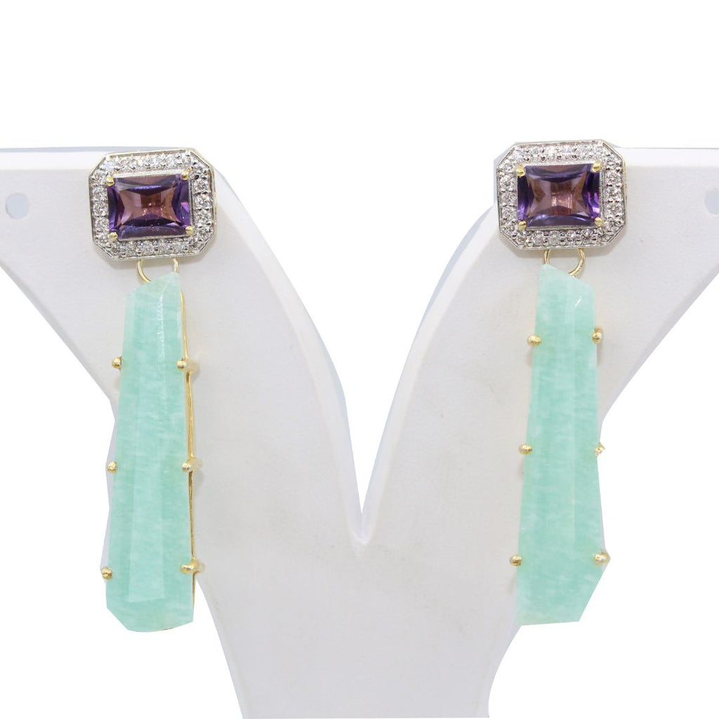 Natural Amazonite Amethyst Stud With Mossanite 925 Sterling silver Gold Rhodium Polished Earring