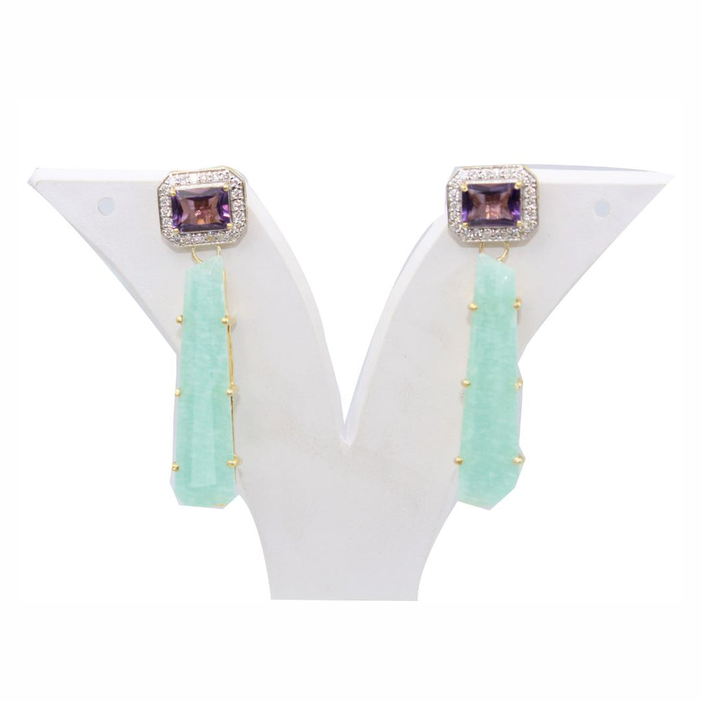 Natural Amazonite Amethyst Stud With Mossanite 925 Sterling silver Gold Rhodium Polished Earring