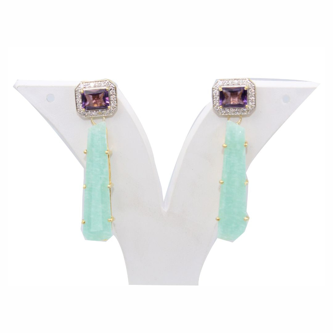 Natural Amazonite Amethyst Stud With Mossanite 925 Sterling silver Gold Rhodium Polished Earring