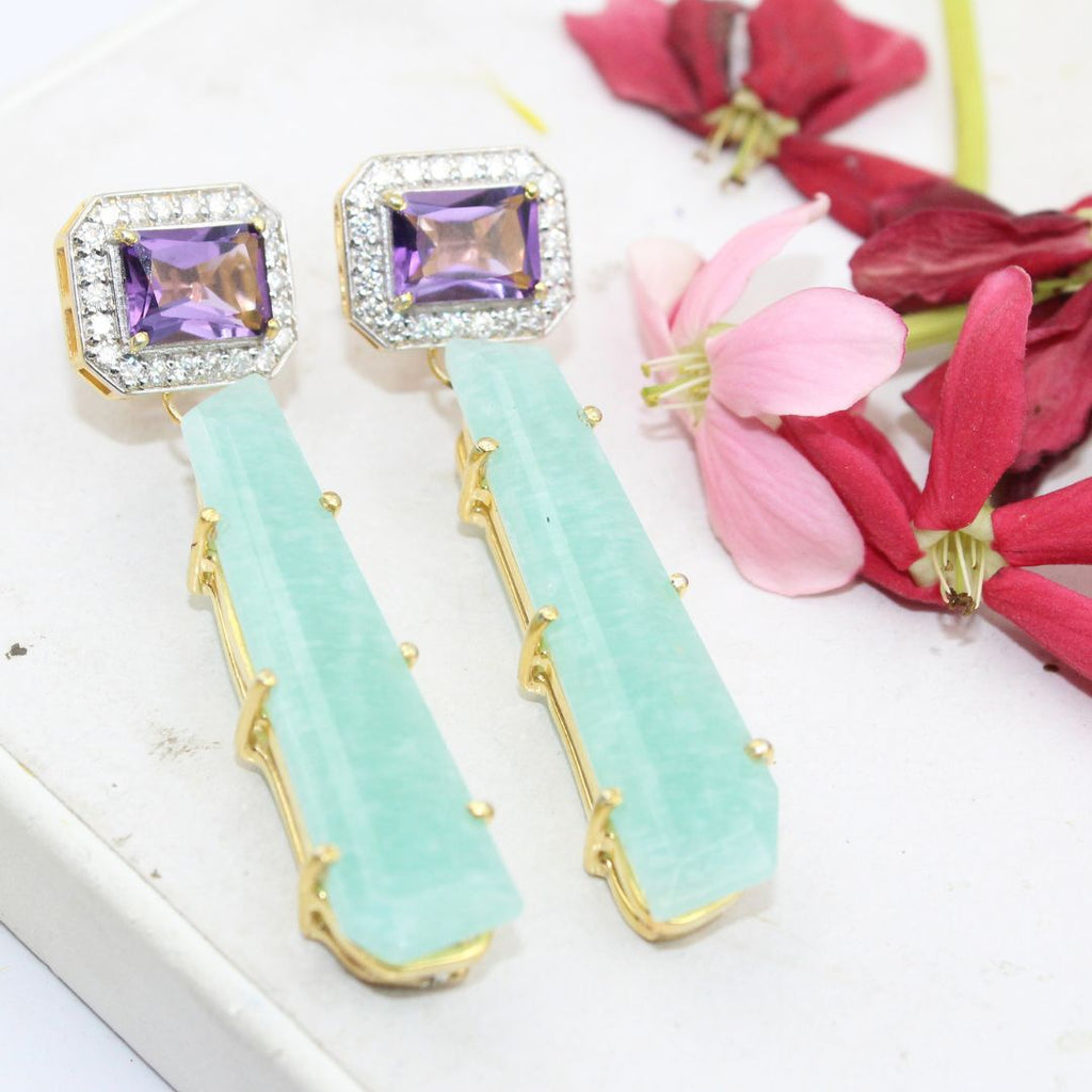 Natural Amazonite Amethyst Stud With Mossanite 925 Sterling silver Gold Rhodium Polished Earring