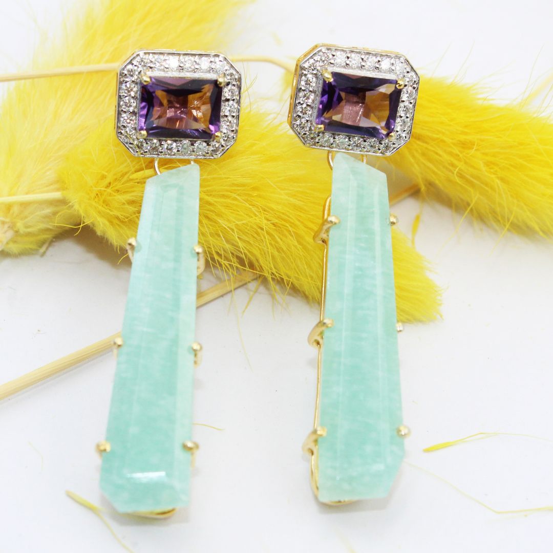 Natural Amazonite Amethyst Stud With Mossanite 925 Sterling silver Gold Rhodium Polished Earring