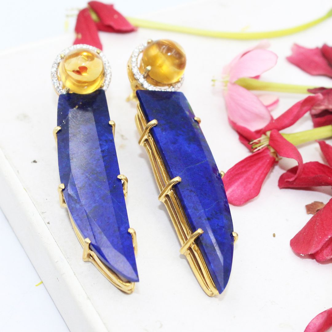 Natural Lapis Lazuli Nail Shape Cut polish Citrine Cabochon Studed with Mossanite 925 Sterling Silver Rhodium Polished Earring