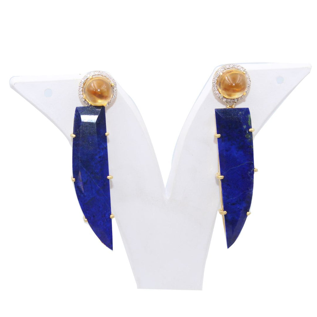 Natural Lapis Lazuli Nail Shape Cut polish Citrine Cabochon Studed with Mossanite 925 Sterling Silver Rhodium Polished Earring