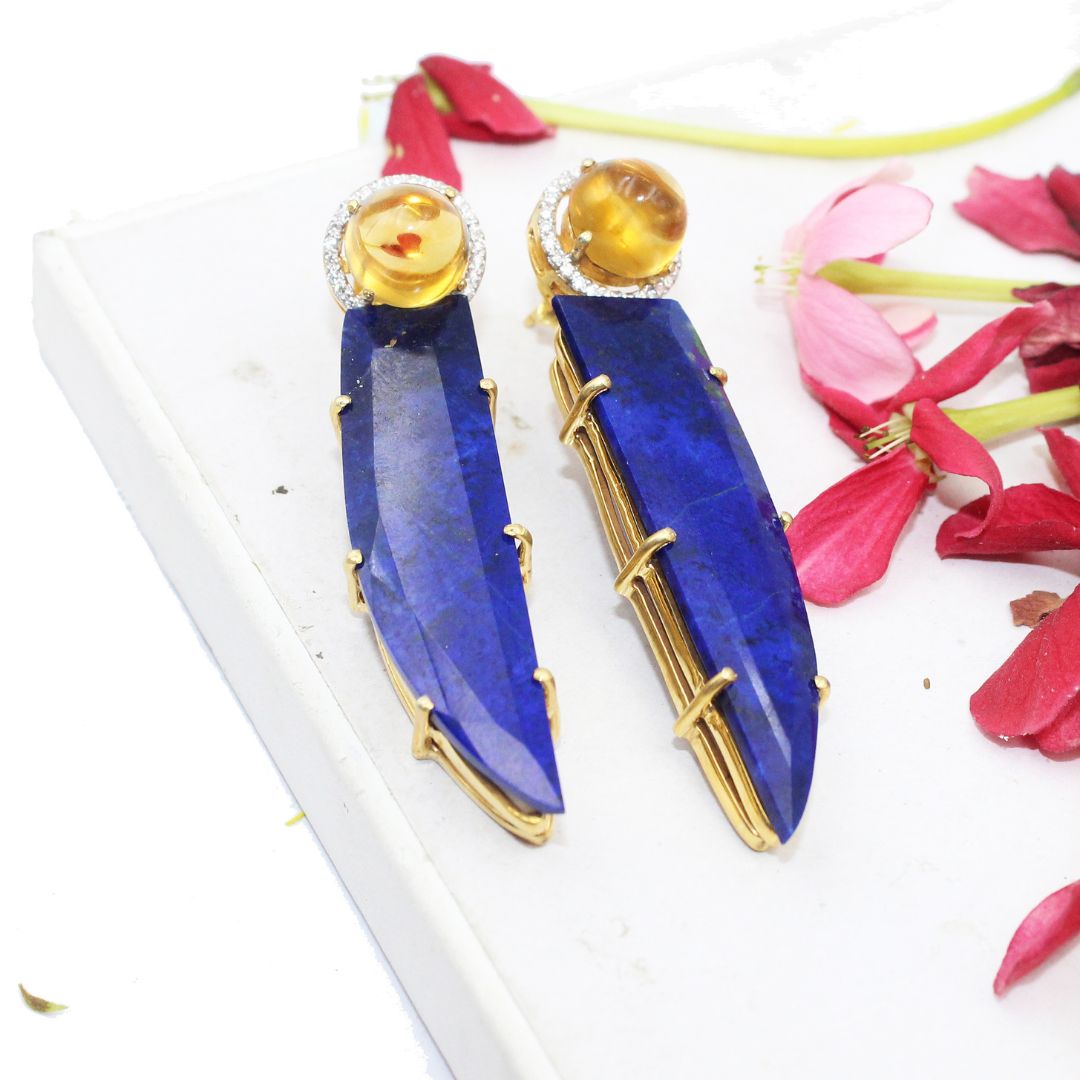 Natural Lapis Lazuli Nail Shape Cut polish Citrine Cabochon Studed with Mossanite 925 Sterling Silver Rhodium Polished Earring