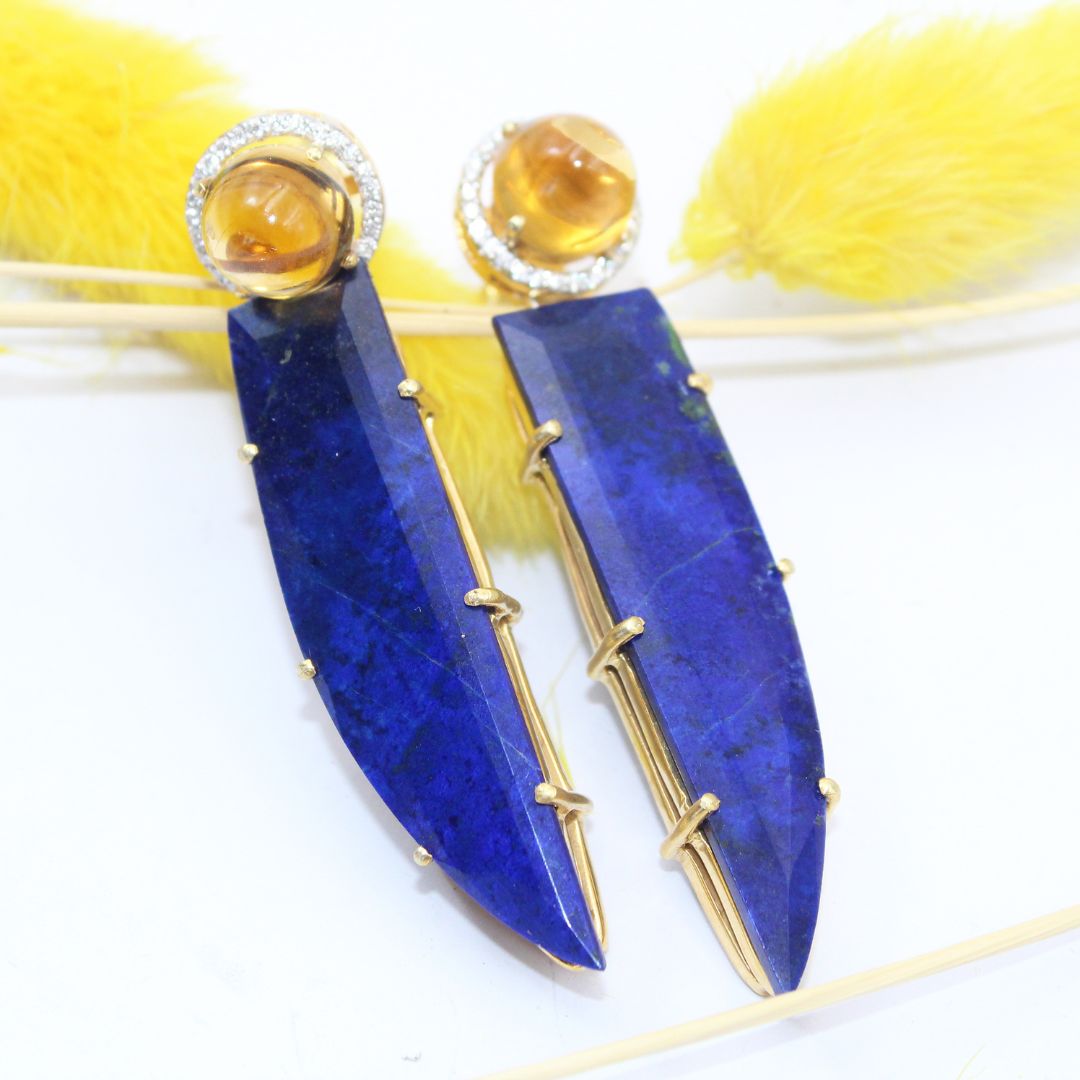 Natural Lapis Lazuli Nail Shape Cut polish Citrine Cabochon Studed with Mossanite 925 Sterling Silver Rhodium Polished Earring