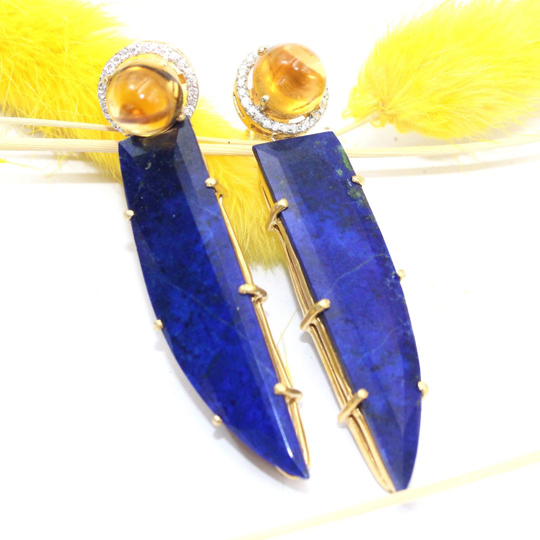 Natural Lapis Lazuli Nail Shape Cut polish Citrine Cabochon Studed with Mossanite 925 Sterling Silver Rhodium Polished Earring