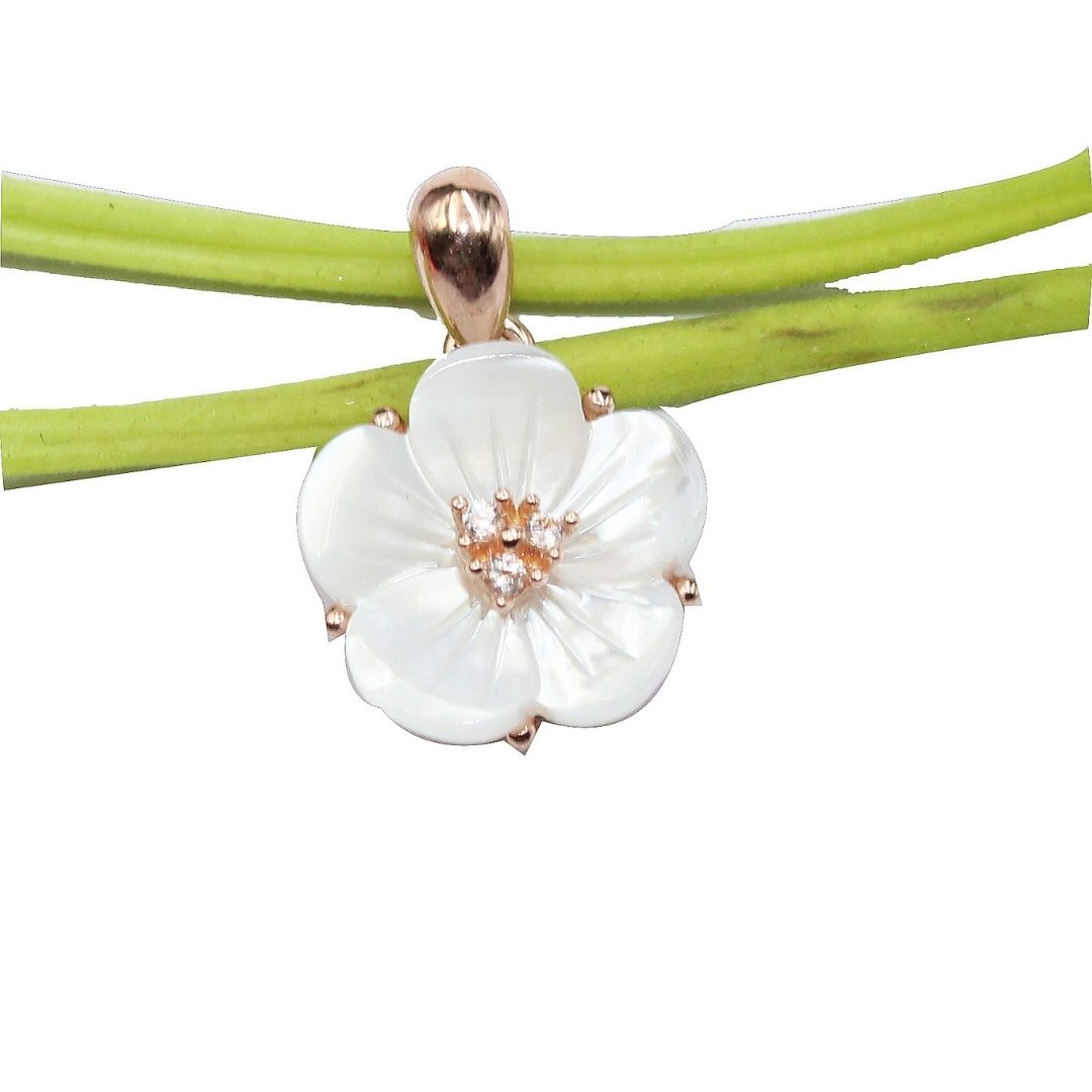 Mother of Pearl Flower Pendant: 925 Sterling Silver Rose Gold Plated Floral Jewelry