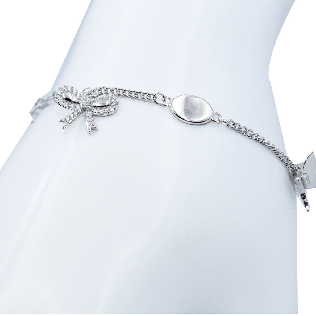 925 Sterling Silver Bow Bracelet: Dainty Cubic Zirconia Charm, Adjustable Chain