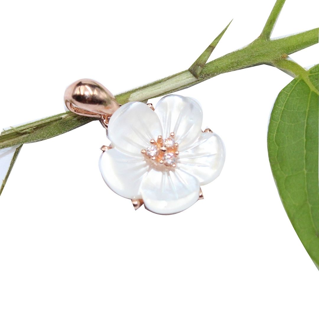 Mother of Pearl Flower Pendant: 925 Sterling Silver Rose Gold Plated Floral Jewelry