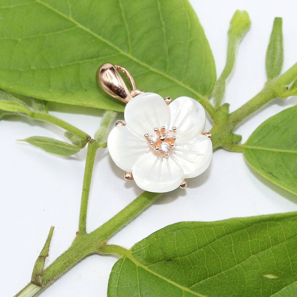 Mother of Pearl Flower Pendant: 925 Sterling Silver Rose Gold Plated Floral Jewelry