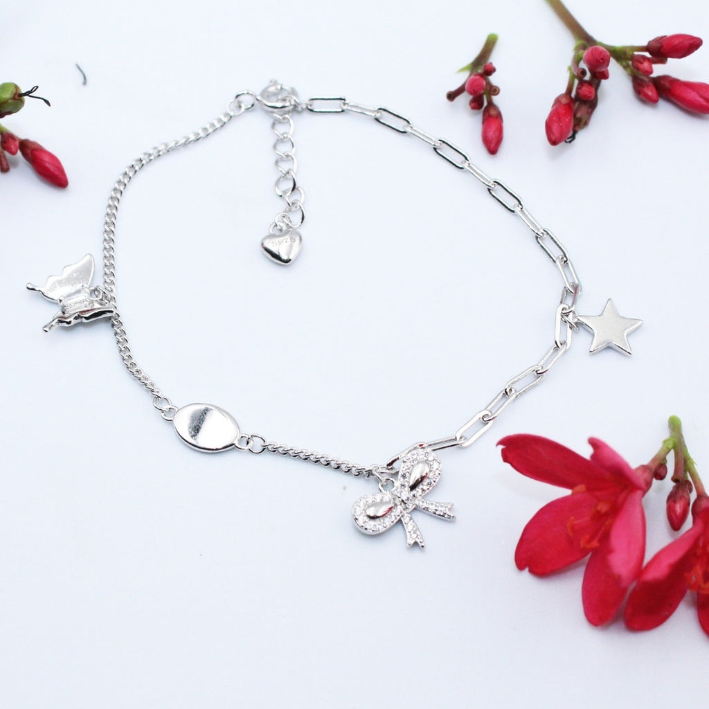 925 Sterling Silver Bow Bracelet: Dainty Cubic Zirconia Charm, Adjustable Chain