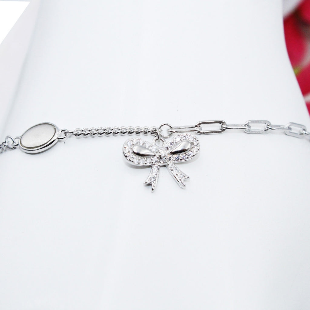 925 Sterling Silver Bow Bracelet: Dainty Cubic Zirconia Charm, Adjustable Chain