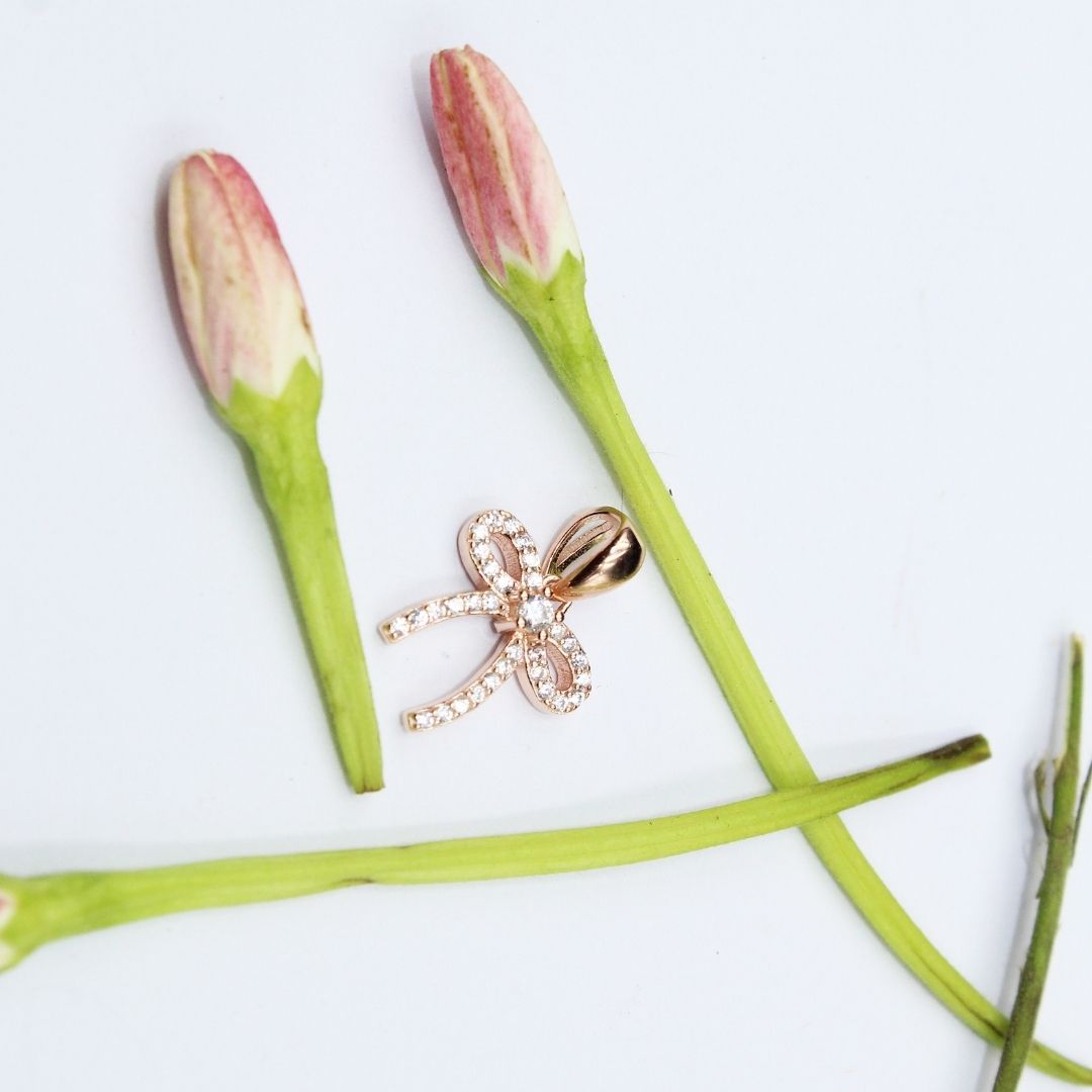 Rose Gold Bow Pendant: 925 Sterling Silver Ribbon Charm