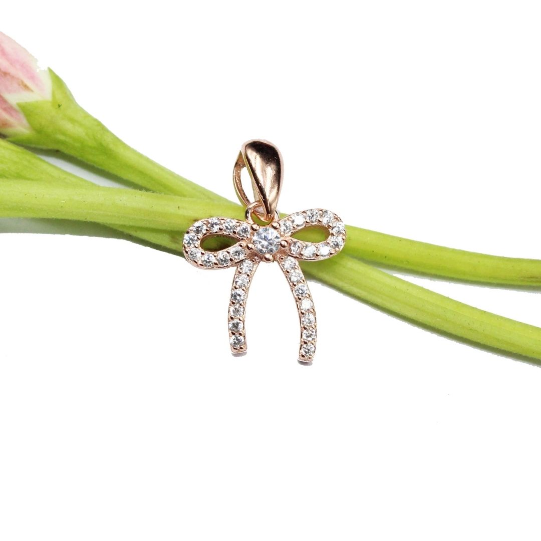 Rose Gold Bow Pendant: 925 Sterling Silver Ribbon Charm
