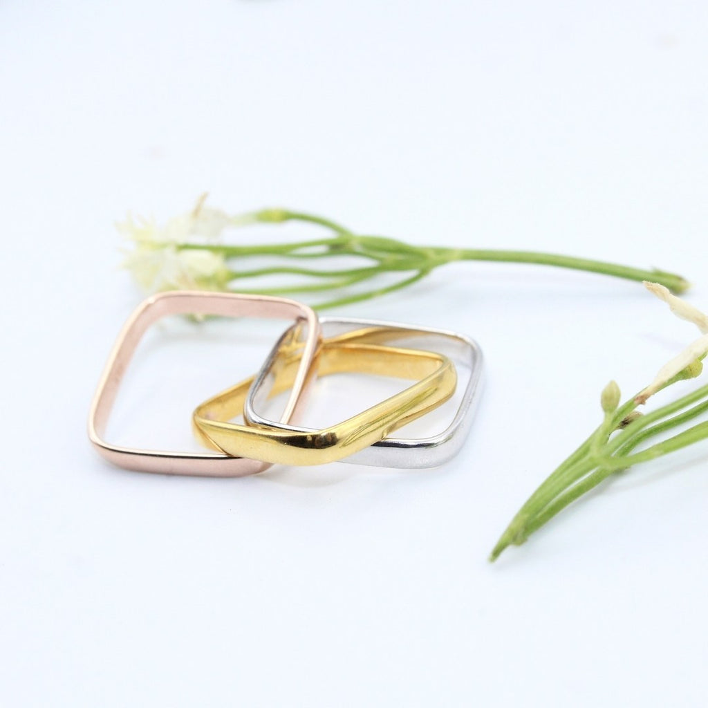 Geometric Square Rings Set | Gold Silver Rose Gold Stackable Rings | Minimalist Unisex Ring | Modern Couple Ring | Stylish Fashion Jewelry Gift (Size : US-8)