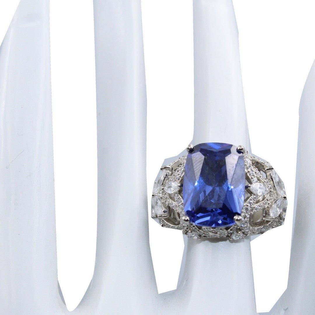 Blue Sapphire CZ Statement Ring: Sterling Silver Vintage Floral ( Size : US-7)