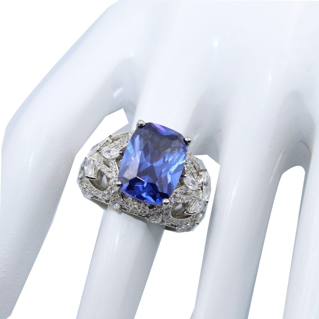 Blue Sapphire CZ Statement Ring: Sterling Silver Vintage Floral ( Size : US-7)