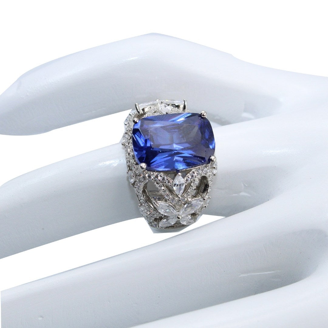 Blue Sapphire CZ Statement Ring: Sterling Silver Vintage Floral ( Size : US-7)